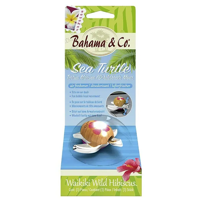 Ambientador de coche Bahama & Co Turtle - Hawaian Island, 4 sem. - 5 sem. - Empaque de ambientador para coche Bahama & Co. "Sea Turtle Waikiki Wild Hibiscus" con diseño de tortuga y aroma de hibisco.