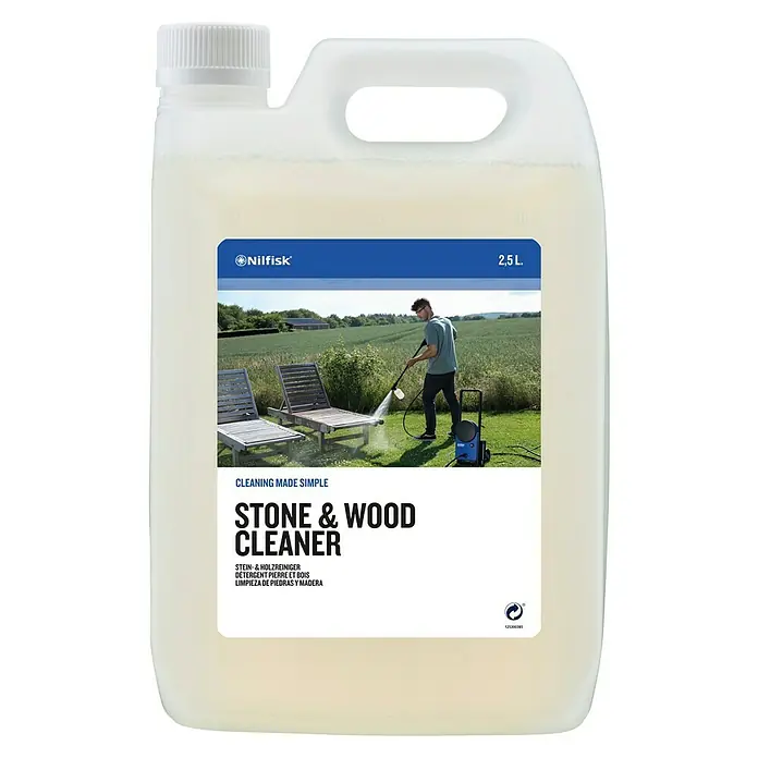 Nilfisk Detergente para madera Stone & Wood Cleaner - 2,5 l - Imagen de una botella de 2,5 L de Limpiador de piedra y madera Nilfisk con el lema "Limpieza fácil".