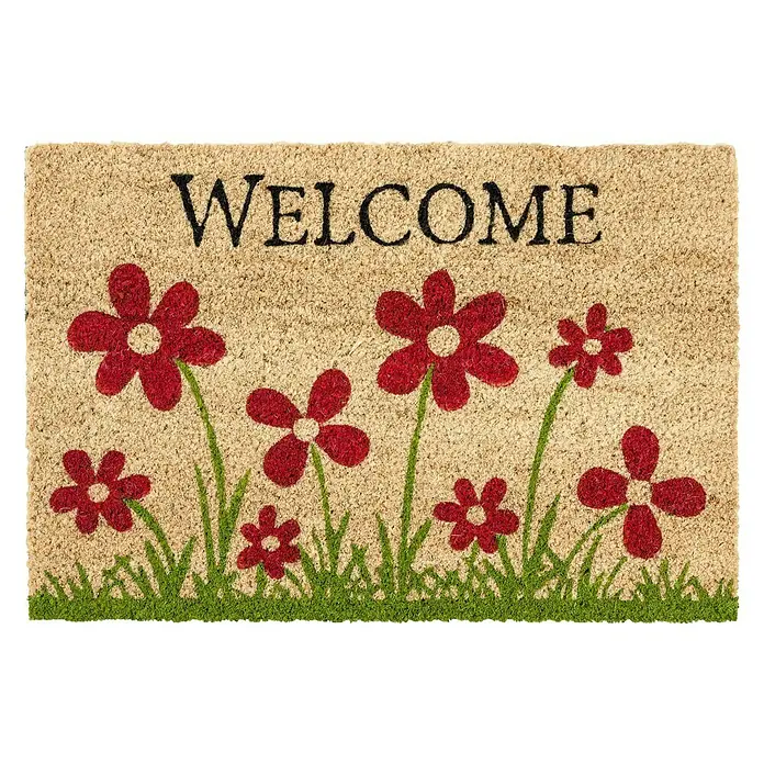 Astra Coco Fußmatte Style - 40 x 60 cm, Bunt, Material Nutzschicht: 100 % Kokos, Blumenwiese, Kokos - Einladende Fußmatte mit dem Schriftzug "WELCOME" und einem Blumenmuster in Rot und Grün auf beigem Grund. Eine schöne Dekoration für den Eingangsbereich.