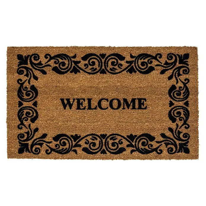 Astra Coco Fußmatte Design - 45 x 75 cm, Kokosbraun/Schwarz, Material Nutzschicht: 100 % Kokos, Welcome, Kokos - Braune Fußmatte mit der Aufschrift "WELCOME" und einem schwarzen, floralen Rahmen. Die Fußmatte bietet einen einladenden Empfang.