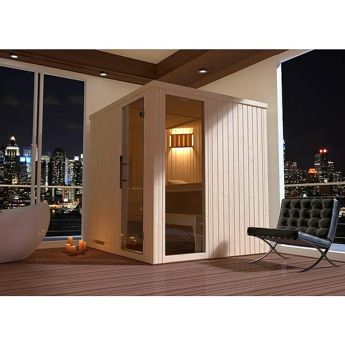 Weka Elementsauna Halmstad 2 - Ohne Ofen, L x B x H: 177 x 194 x 199 cm, Materialspezifizierung Tür: Ganzglas - Eine freistehende Sauna mit Glasfront, die einen Blick auf die Inneneinrichtung und die Sitzbank ermöglicht. Der Raum ist stilvoll und modern.