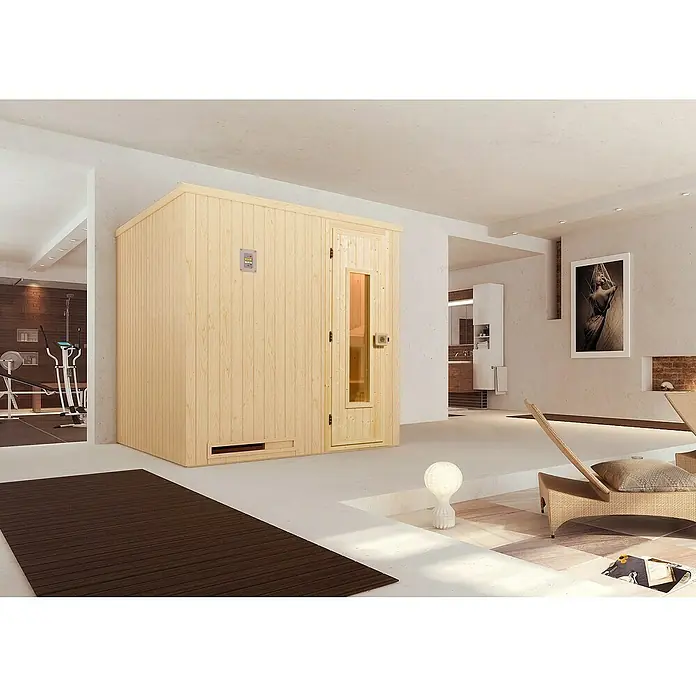 Weka Elementsauna Halmstad 2 - Ohne Ofen, L x B x H: 177 x 194 x 199 cm, Materialspezifizierung Tür: Massivholz - Ein luxuriöses Interieur mit einer hellen Holzsauna als zentralem Element, die Entspannung und Wellness verspricht.