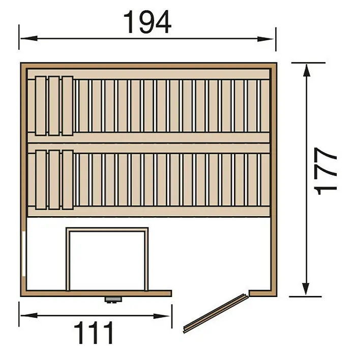 Weka Elementsauna Halmstad 2 - Ohne Ofen, L x B x H: 177 x 194 x 199 cm, Materialspezifizierung Tür: Massivholz - Grundriss einer Sauna mit den Maßen 194 x 177 cm und einer Tiefe von 111 cm, die die Anordnung der Bänke und des Ofens zeigt.