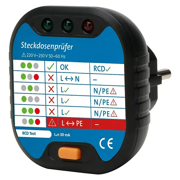 Kopp Steckdosentester - 230 V, 50 - 60 Hz, 16 A, Messkategorie: CAT II 300 V - Steckdosenprüfer mit LEDs zur Anzeige von Verdrahtungsfehlern und zur Überprüfung der korrekten Funktion von Fehlerstromschutzschaltern.
