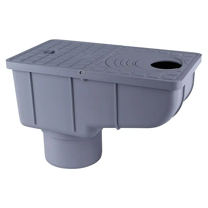 Marley Regensinkkasten RSK 1500 - Kunststoff, Grau - Grauer Kunststoff-Ablauf mit Deckel und Rohranschluss, ideal für die Entwässerung.