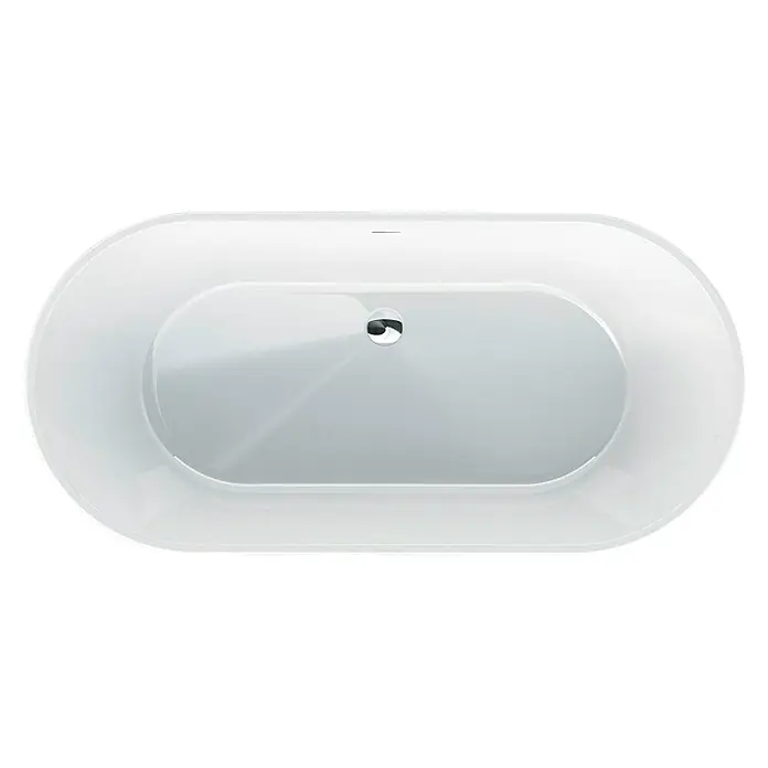 Camargue Freistehende Badewanne Torino - L x B: 170 x 80 cm, Sanitäracryl, Schwarz/Weiß - Eine ovale, freistehende Badewanne in Weiß, fotografiert von oben, mit einem eleganten und minimalistischen Design.