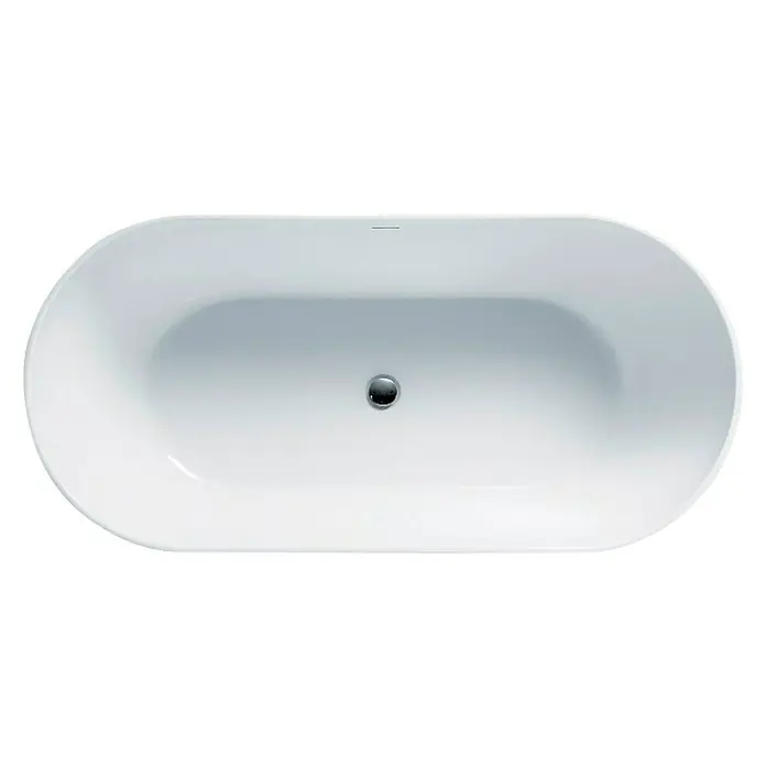 Camargue Freistehende Badewanne Trento - L x B: 150 x 75 cm, Sanitäracryl, Weiß - Eine ovale, freistehende Badewanne in Weiß, fotografiert von oben, mit einem glänzenden Abfluss in der Mitte.