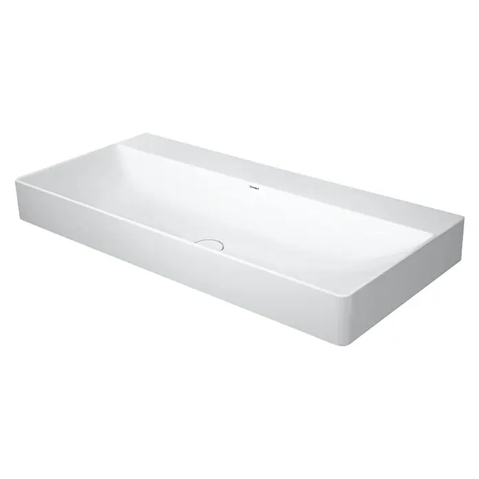 Duravit DuraSquare Waschtisch - 100 x 47 cm, Ohne Spezialglasur, Hahnloch: Ohne, Ohne Überlauf, Weiß, Geschliffen - Das Bild zeigt ein rechteckiges, weißes Waschbecken. Das Waschbecken hat eine moderne Form und ist für Badezimmer geeignet.