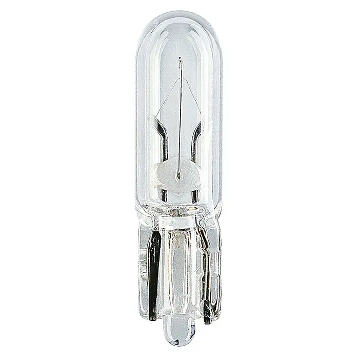 Osram Original Line Bombilla de luz de posición W2 - 2 W, 12 V, 2 ud. - Esta imagen muestra una bombilla de vidrio transparente utilizada en aplicaciones automotrices, destacando su estructura interna y diseño.