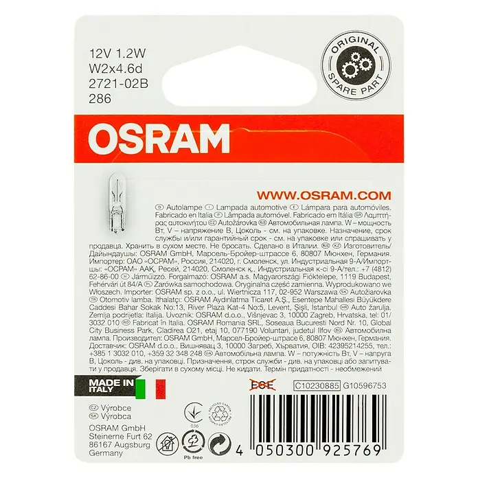 Osram Original Line Bombilla de luz de posición W2 - 1,2 W, 12 V, 2 ud. - Bombilla OSRAM 12V 1.2W W2x4.6d 2721-02B 286 para coches, recambio original para iluminación y seguridad fiables.