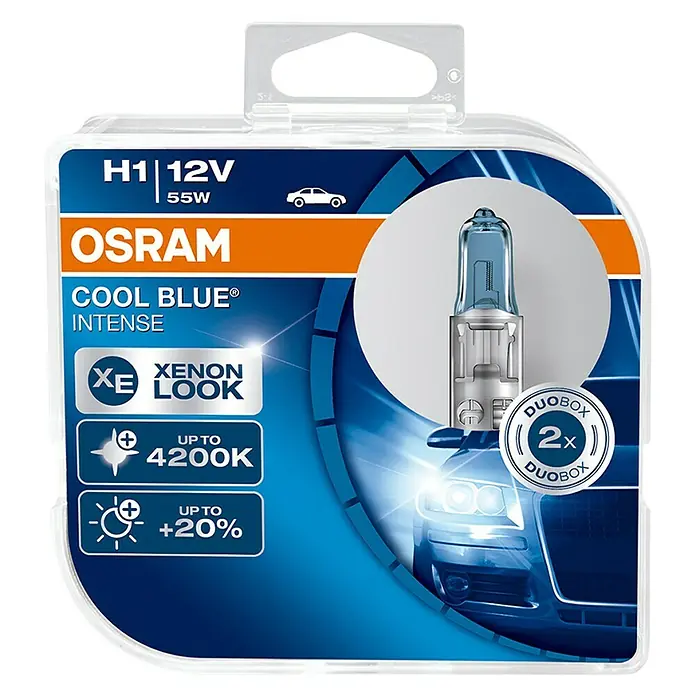 Osram Cool Blue Bombilla para faro delantero Intense - 12 V, 2 ud., Azulado - Embalaje del producto para bombilla halógena OSRAM COOL BLUE INTENSE H1 12V 55W con aspecto de xenón y hasta 4200K de temperatura de color para faros de coche.
