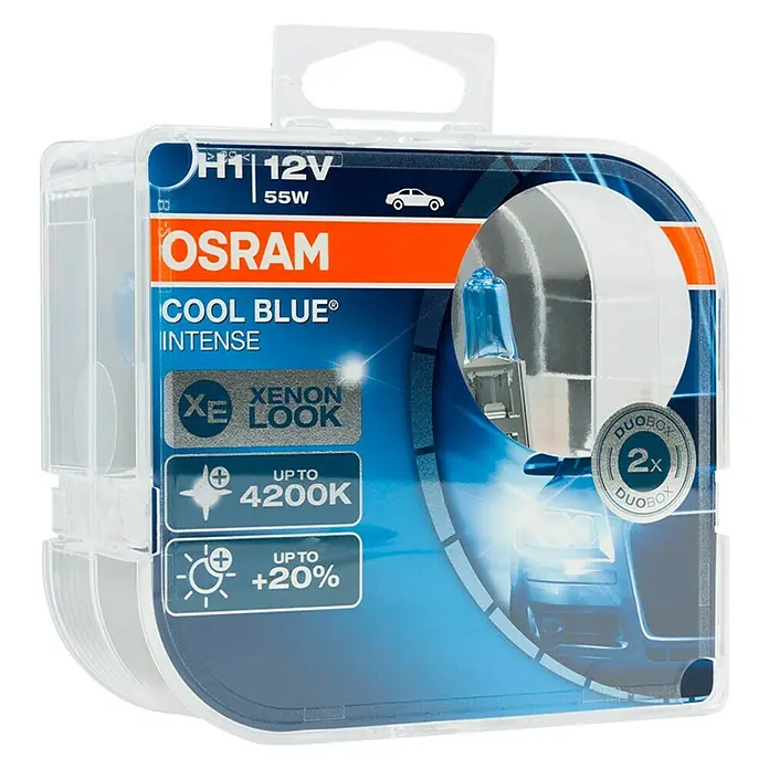 Osram Cool Blue Bombilla para faro delantero Intense - 12 V, 2 ud., Azulado - Osram Cool Blue Intense H1 12V 55W DuoBox: Bombilla halógena con aspecto xenón para una luz azul intensa y hasta un 20% más de brillo.