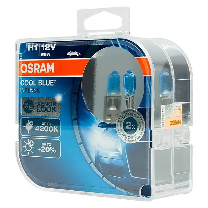 Osram Cool Blue Bombilla para faro delantero Intense - 12 V, 2 ud., Azulado - Bombilla halógena Osram Cool Blue Intense H1 12V 55W Duobox para luz Xenon azul intensa con hasta 4200K y un 20% más de rendimiento.