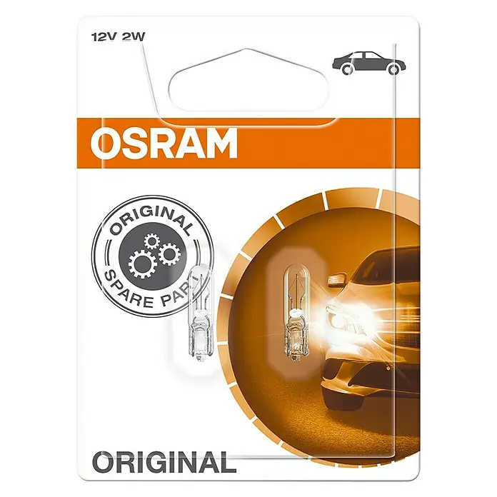 Osram Original Line Bombilla de luz de posición W2 - 2 W, 12 V, 2 ud. - Bombilla de repuesto original OSRAM 12V 2W en su embalaje, ideal para reparaciones y mantenimiento del vehículo.