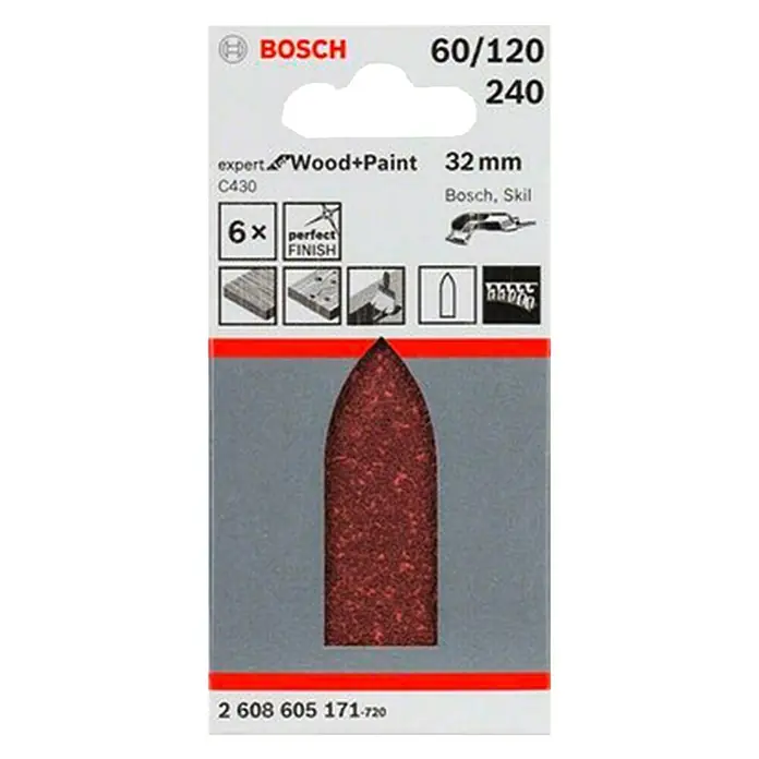 Bosch Set de hojas de lija Expert for Wood and Paint C430 - Grano: 60 mm - 240 mm, 6 ud. - La imagen muestra una manga de lijado Bosch Expert Wood+Paint C430, grano 60/120/240, 32 mm, apta para madera y pintura.