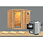 Karibu Massivholzsauna Cortona (Mit Sauna Bio-Ofen 9 kW inkl. Steuerung Easy, Mit Dachkranz und Beleuchtung, 184 x 193 x 204 cm)