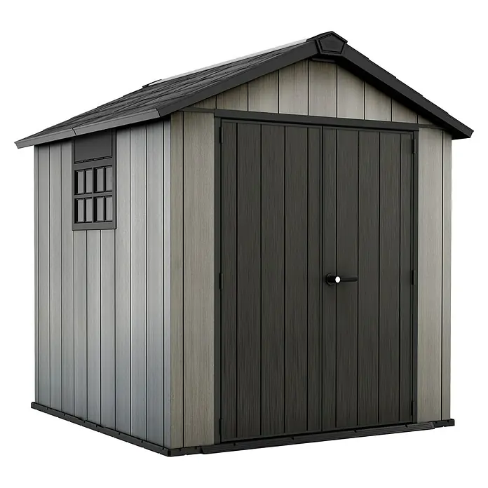 Keter Gartenhaus - Außenmaß inkl. Dachüberstand (B x T): 229 x 223,5 cm, Anthrazit/Grau, Kunststoff, Grundfläche: 4,5 m² - Bild eines Kunststoff-Gartenschuppens mit Doppeltür und kleinem Fenster, ideal für die Aufbewahrung im Freien.