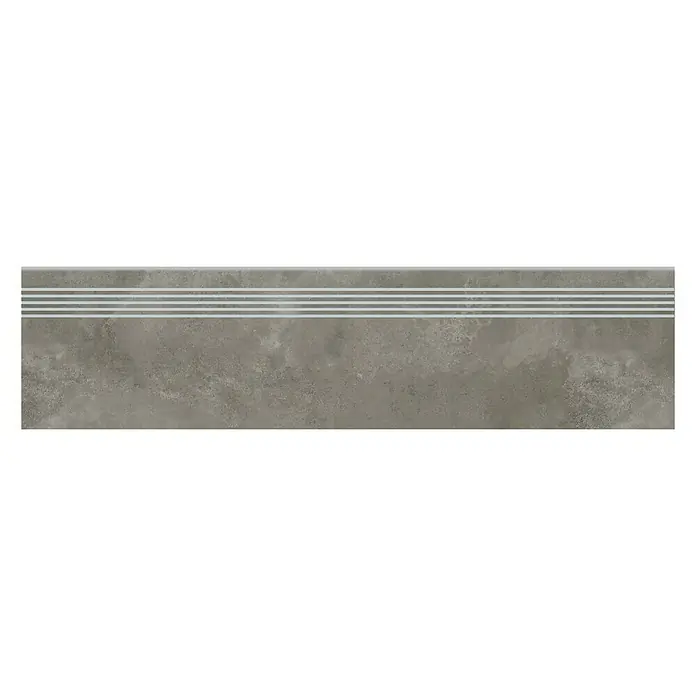 Queens Stufen- & Abdeckplatte - 29,8 x 119,8 cm, Grau, Matt - Graue Treppenfliese mit drei weißen Antirutschstreifen für mehr Sicherheit und modernes Design im Innen- und Außenbereich.