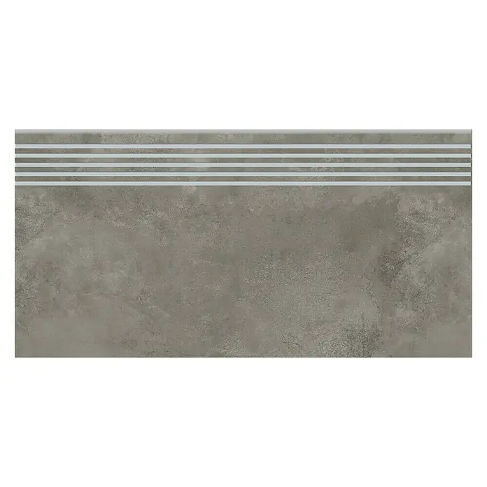 Queens Stufen- & Abdeckplatte - 29,8 x 59,8 cm, Grau, Matt - Nahaufnahme einer grauen Treppenstufe mit rutschfesten weißen Streifen, ideal für sichere und stilvolle Treppenlösungen im Innenbereich.