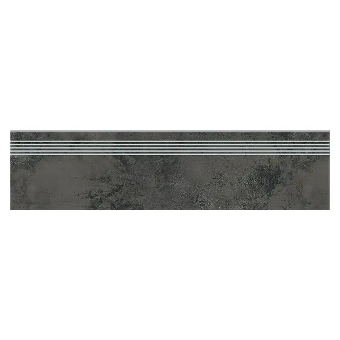Queens Stufen- & Abdeckplatte - 29,8 x 119,8 cm, Graphit, Matt - Graue Fliese mit drei hellgrauen, rutschfesten Streifen. Ideal für Treppen, um Trittsicherheit und Stil zu vereinen. Robust und modern.