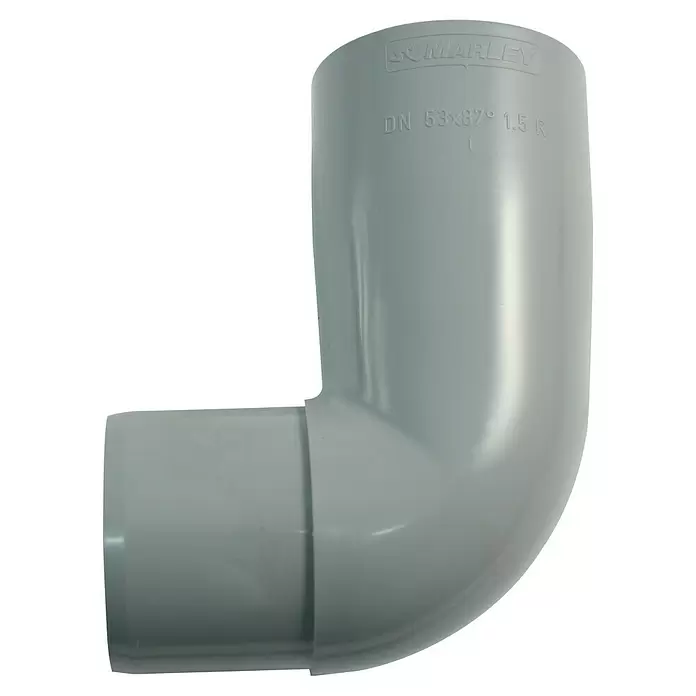 Marley Fallrohrbogen - Nennweite: 75 mm, Winkel: 87 °, Kunststoff, Grau - Graues PVC-Bogenrohr mit einem 87-Grad-Winkel, ideal für Entwässerungssysteme.