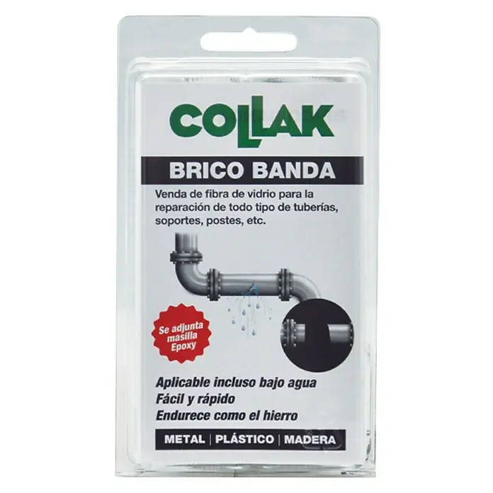 Collak Cinta de reparación Brico banda - Negro, 5 x 85 cm - Imagen de una venda de reparación COLLAK Brico Banda, ideal para cinta de fibra de vidrio para reparar tuberías, postes y soportes. Incluye masilla epoxi.