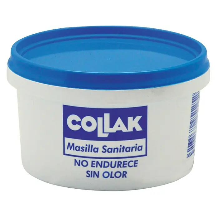 Collak Masilla Sanitaria - 1 kg - Imagen de un envase blanco con tapa azul, que contiene masilla sanitaria "COLLAK Masilla Sanitaria".