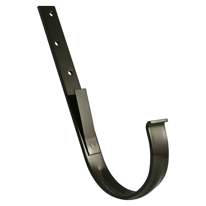 Marley Rinneneisen - Nennweite: 150 mm, Stahl, Braun - Metallene Dachrinnenhalterung in dunkler Ausführung mit Befestigungslöchern und stabilisierender Klammer zur sicheren Anbringung.