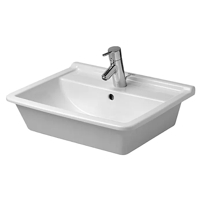 Duravit Starck 3 Einbauwaschbecken - 56 x 46,5 cm, Ohne Spezialglasur, Hahnloch: Mitte, Mit Überlauf, Weiß - Ein Waschbecken mit einer Armatur in einem modernen und minimalistischen Design. Es ist weiß und hat eine rechteckige Form.
