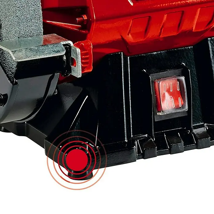 Einhell Esmeriladora doble eléctrica combinada TC-US 350 - 350 W, 2.980 r.p.m. - Primer plano de una amoladora con interruptor de encendido/apagado rojo y pies de goma para mayor estabilidad.\n