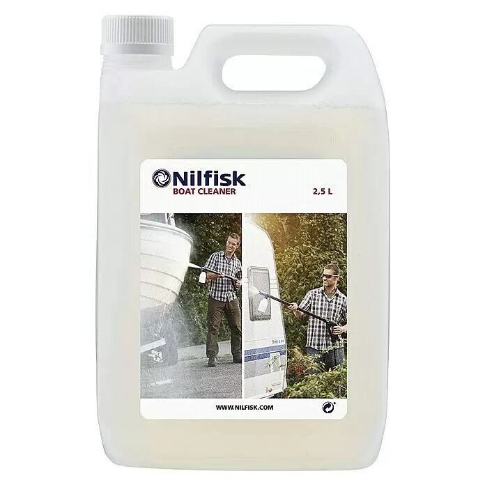 Nilfisk Limpiador de embarcaciones Boat Cleaner - 2,5 l - Garrafa blanca de plástico de 2,5 L de Nilfisk Boat Cleaner, con etiqueta mostrando a gente limpiando un barco y una caravana.