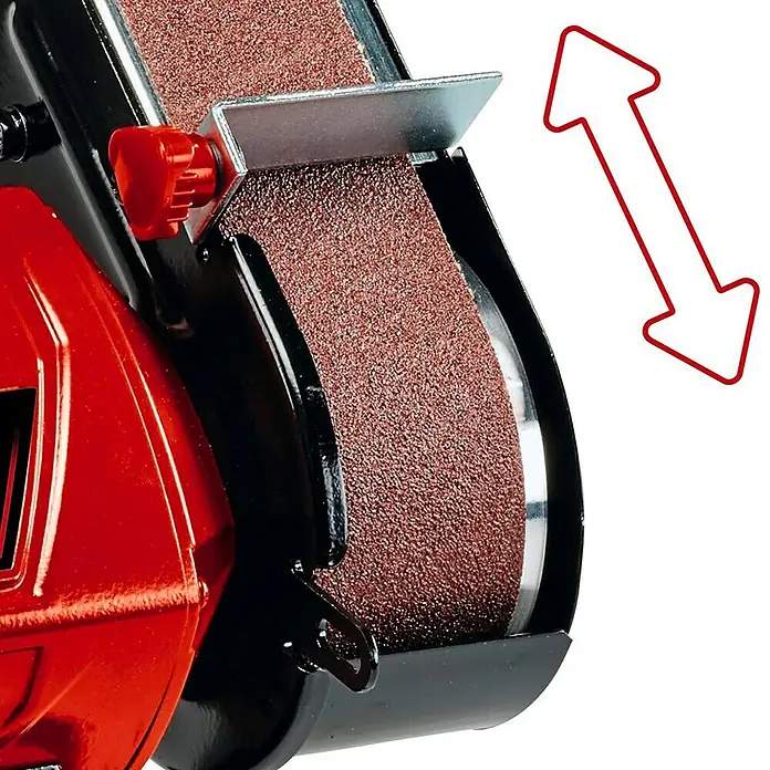 Einhell Esmeriladora doble eléctrica combinada TC-US 350 - 350 W, 2.980 r.p.m. - Primer plano de una lijadora de banda con la lija y un botón de ajuste rojo.