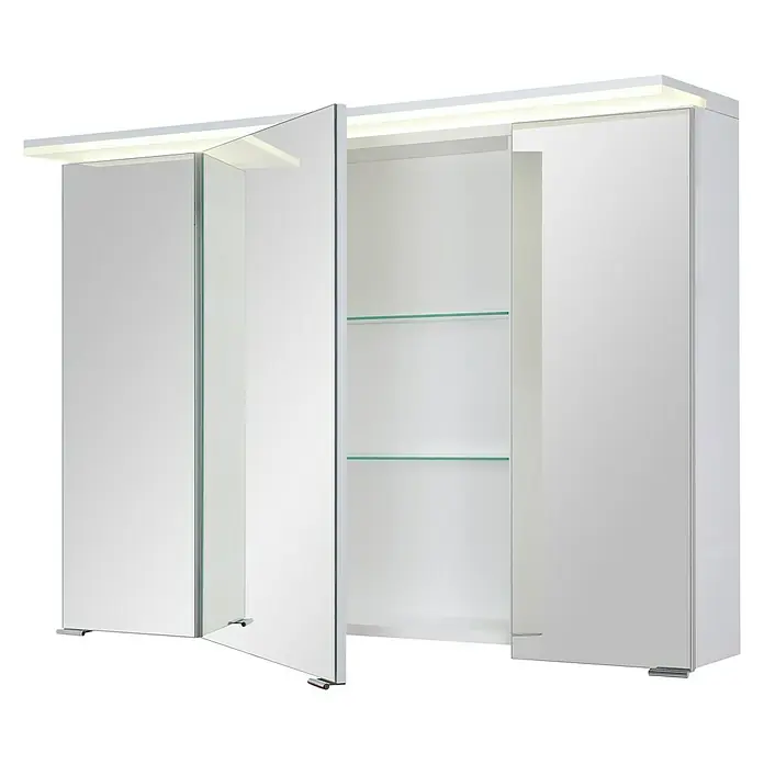 Riva Matrix LED-Spiegelschrank - B x H: 100 x 72,4 cm, Weiß - Ein moderner weißer Spiegelschrank mit integrierter Beleuchtung und offenen Türen, der seine Glasböden im Inneren zeigt.