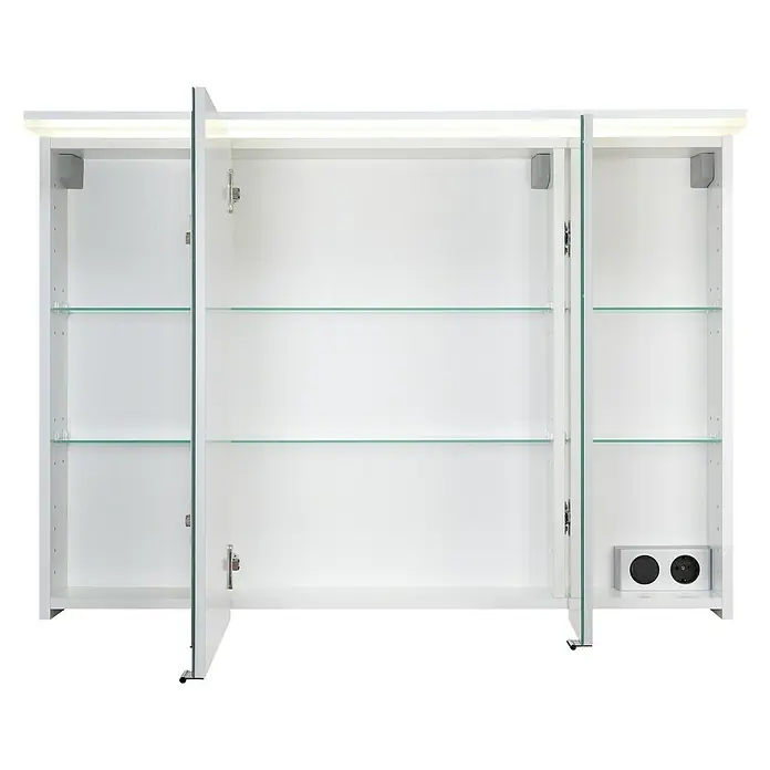 Riva Matrix LED-Spiegelschrank - B x H: 100 x 72,4 cm, Weiß - Ein weißer Badezimmerschrank mit drei offenen Türen und Glasböden bietet viel Stauraum. Das moderne Design wird durch integrierte Beleuchtung ergänzt.
