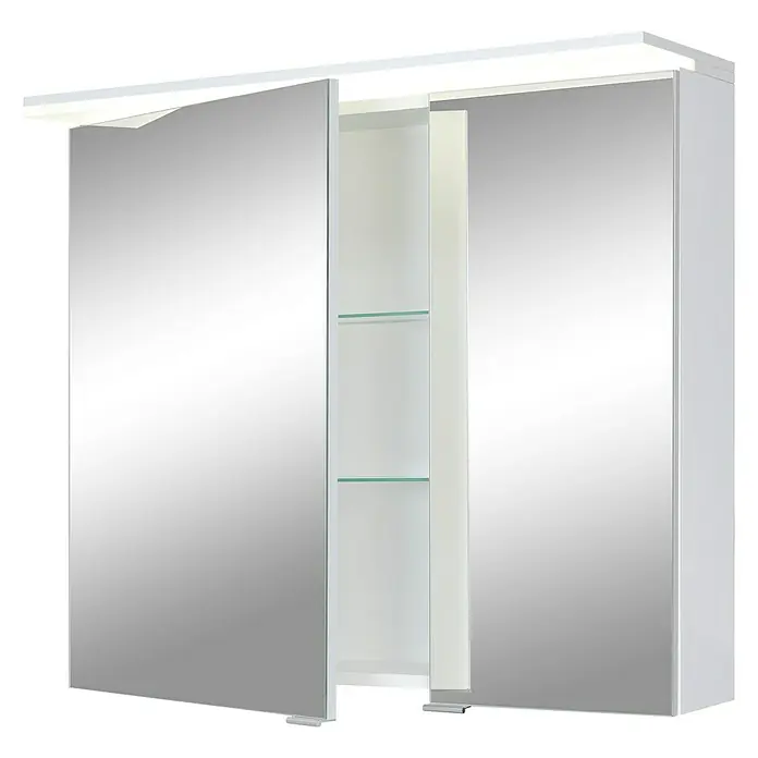 Riva Matrix LED-Spiegelschrank - B x H: 80 x 72,4 cm, Weiß - Spiegelschrank mit zwei Türen, wobei eine Tür geöffnet ist und Einblick auf die Glasablagen im Inneren bietet.