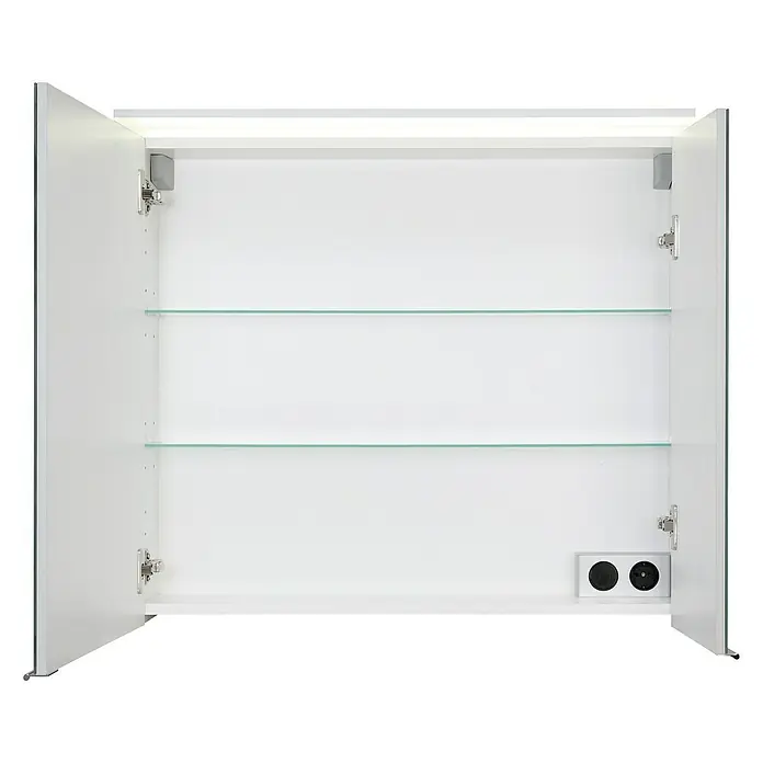 Riva Matrix LED-Spiegelschrank - B x H: 80 x 72,4 cm, Weiß - Ein offener, weißer Spiegelschrank mit Glasablagen und integrierten Steckdosen bietet viel Stauraum für Badezimmerutensilien.
