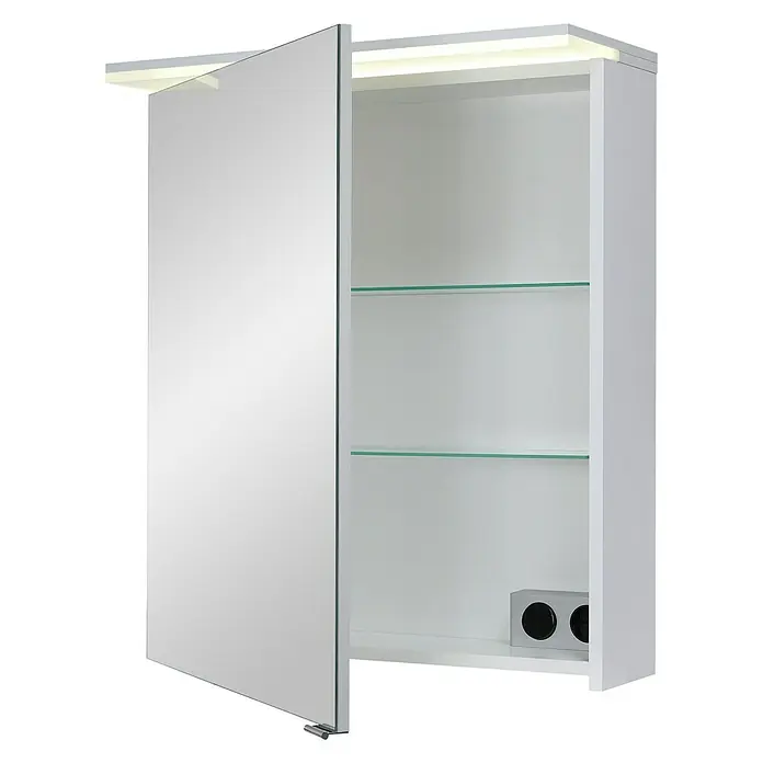 Riva Matrix LED-Spiegelschrank - B x H: 60 x 72,4 cm, Weiß - Weißer Spiegelschrank mit geöffneter Tür, zwei Glasböden und integrierter Beleuchtung. Ideal für Badezimmer und zur Aufbewahrung von Kosmetik.