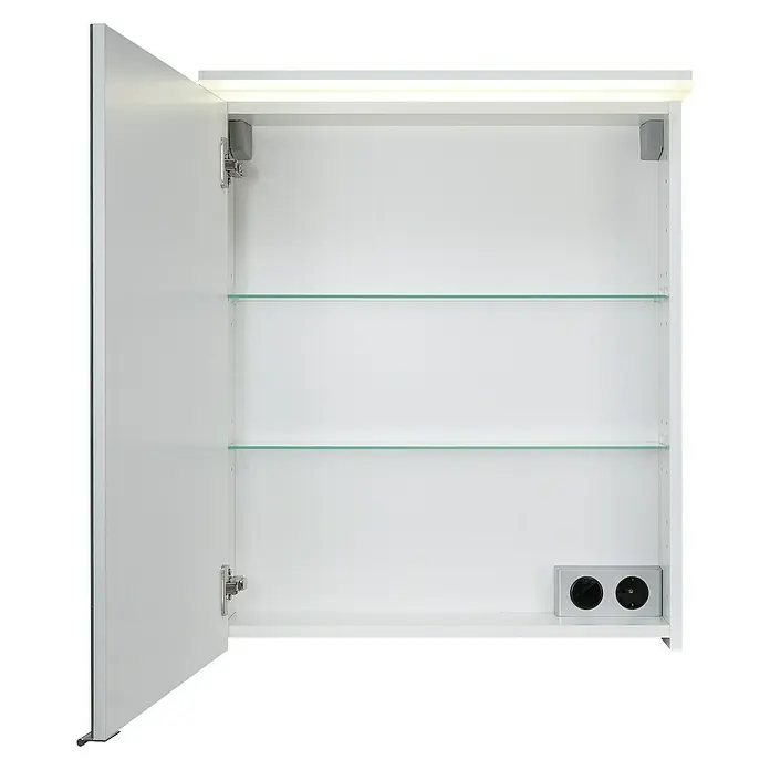 Riva Matrix LED-Spiegelschrank - B x H: 60 x 72,4 cm, Weiß - Offener Badezimmerschrank mit Spiegeltür, ausgestattet mit Glasböden und Steckdosen für mehr Komfort im Bad.