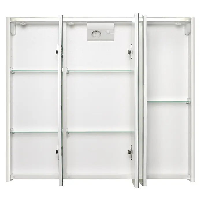 Riva LED-Spiegelschrank Verdal - B x H: 80 x 68 cm, Holz, Weiß - Weißer dreitüriger Badezimmerschrank mit Glasablagen, integriertem Licht und Steckdose.