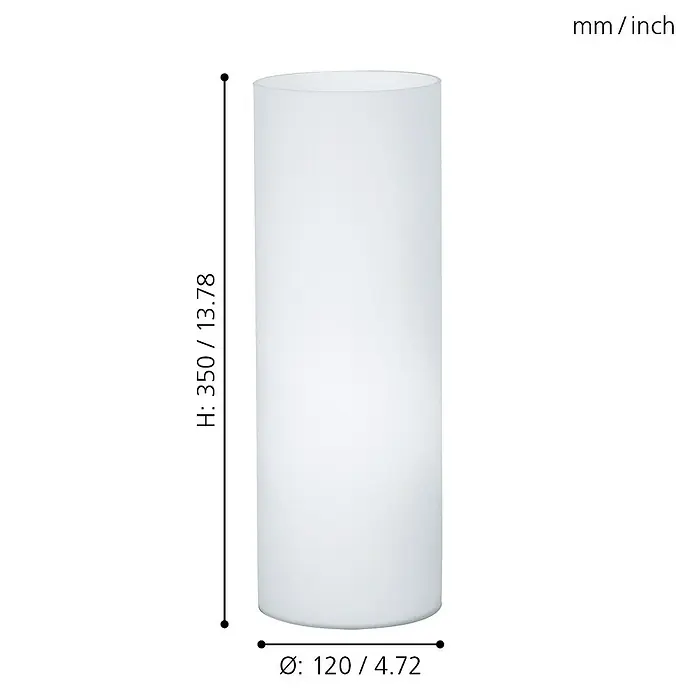 Eglo Tischleuchte rund Geo - 60 W, Ø x H: 120 mm x 35 cm, Weiß, Weiß, E27 - Produktabbildung eines zylindrischen, weißen Lampenschirms mit den Maßen Höhe 350 mm/13.78 inch und Durchmesser 120 mm/4.72 inch.