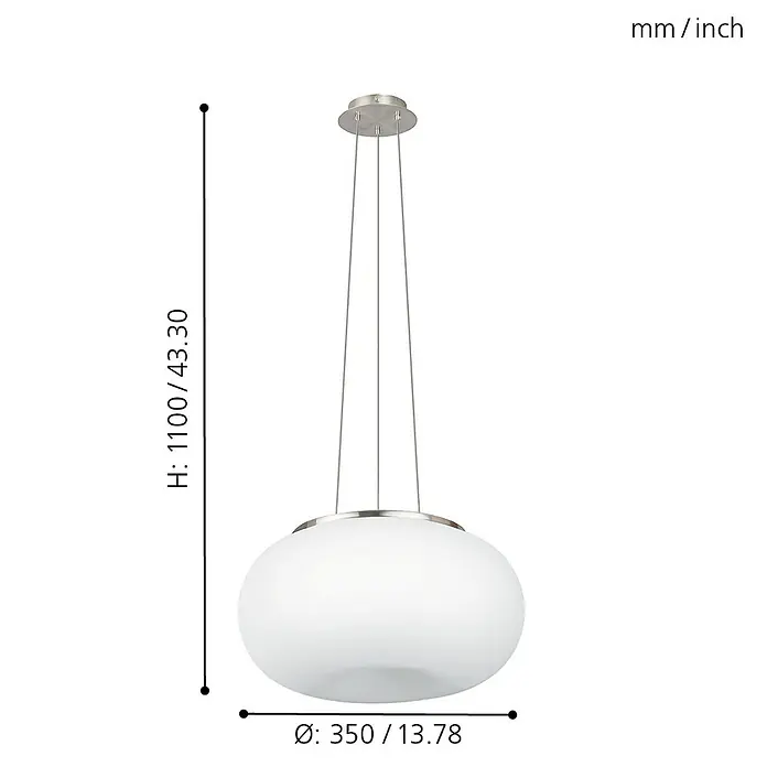 Eglo Optica Pendelleuchte - 120 W, Ø x H: 350 mm x 110 cm, E27 - Abbildung einer runden Pendelleuchte mit den Maßen Höhe 1100mm/43.30inch und Durchmesser 350mm/13.78inch.