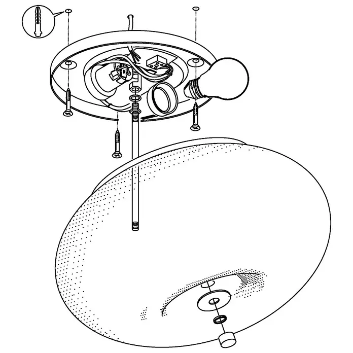 Eglo Optica Deckenleuchte rund Optica - 120 W, Ø x H: 350 mm x 21 cm, Weiß, E27 - Eine Explosionszeichnung einer Deckenleuchte zeigt die einzelnen Komponenten und die Montage.