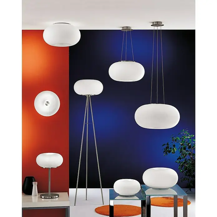 Eglo Optica Plafón redondo - 120 W, Ø x Al: 350 mm x 21 cm, Níquel mate, Blanco, E27 - Una colección de lámparas modernas en varios estilos, incluyendo luces de techo, de pie y colgantes. El diseño de iluminación es en blanco.