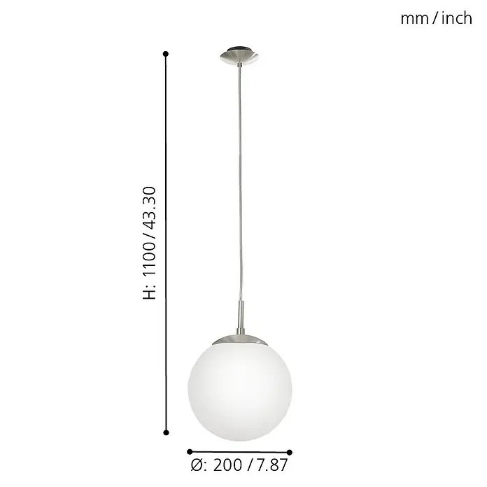 Eglo Pendelleuchte rund Rondo - Durchmesser: 200 mm - Abbildung einer modernen Pendelleuchte mit kugelförmigem Lampenschirm und silberfarbenen Akzenten, inklusive Maßangaben für Höhe und Durchmesser.