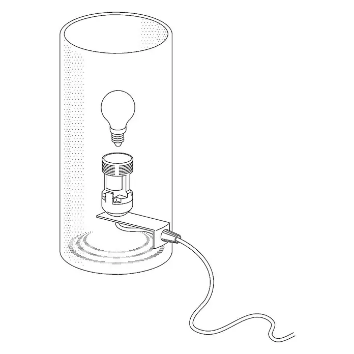 Eglo Geo Tischleuchte rund - 60 W, Ø x H: 100 mm x 20 cm, Weiß, Weiß, E14 - Skizze einer Lampe mit einem zylindrischen Lampenschirm, einer Glühbirne, einer Fassung und einem Kabel. Ideal zur Illustration von Beleuchtungslösungen.