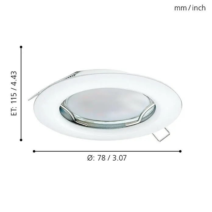 Eglo LED-Einbauleuchten-Set - 9 W, Weiß, 3 Stk., Warmweiß, IP20 - Produktbild einer runden, weißen LED-Einbauleuchte mit silberfarbenen Halteklammern und den Maßangaben in mm/Zoll.