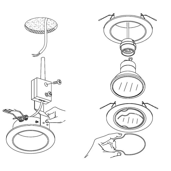 Eglo LED-Einbauleuchten-Set - 9 W, Weiß, 3 Stk., Warmweiß, IP20 - Abbildung einer auseinandergenommenen Deckenleuchte, die die verschiedenen Komponenten zeigt.
