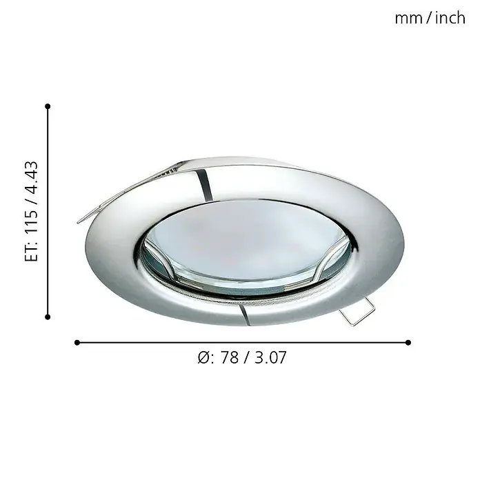 Eglo LED-Einbauleuchten-Set - 9 W, Nickel matt, 3 Stk., Warmweiß, IP20 - Produktdarstellung eines runden, silbernen LED-Einbaustrahlers mit Maßangaben in mm und Zoll.