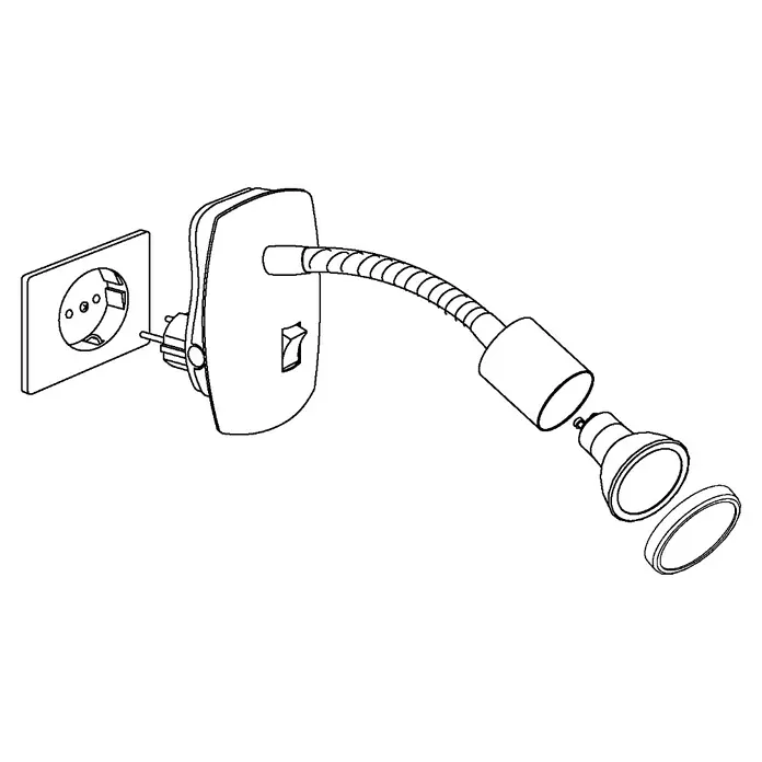 Eglo Mini 4 Steckdosenspot - Nickel matt, 3 W - Die Illustration zeigt eine flexible Wandleuchte mit Stecker und Schalter, ideal für Schlafzimmer oder als Leselampe.