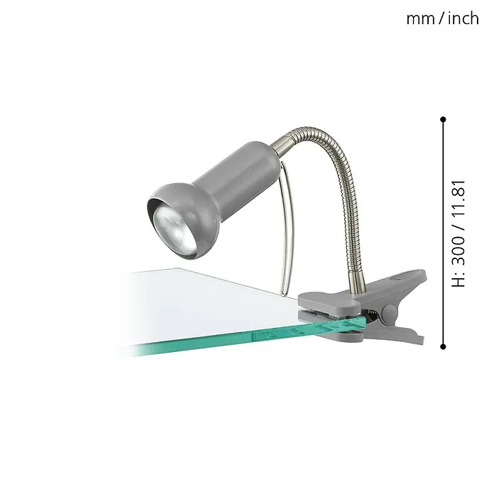 Eglo Klemmleuchte Fabio - 40 W, Farbe Gehäuse: Silber - Bild einer grauen Klemmleuchte, die an einer transparenten Glasplatte befestigt ist. Die Lampe hat einen flexiblen Hals und wird mit Maßen gezeigt.
